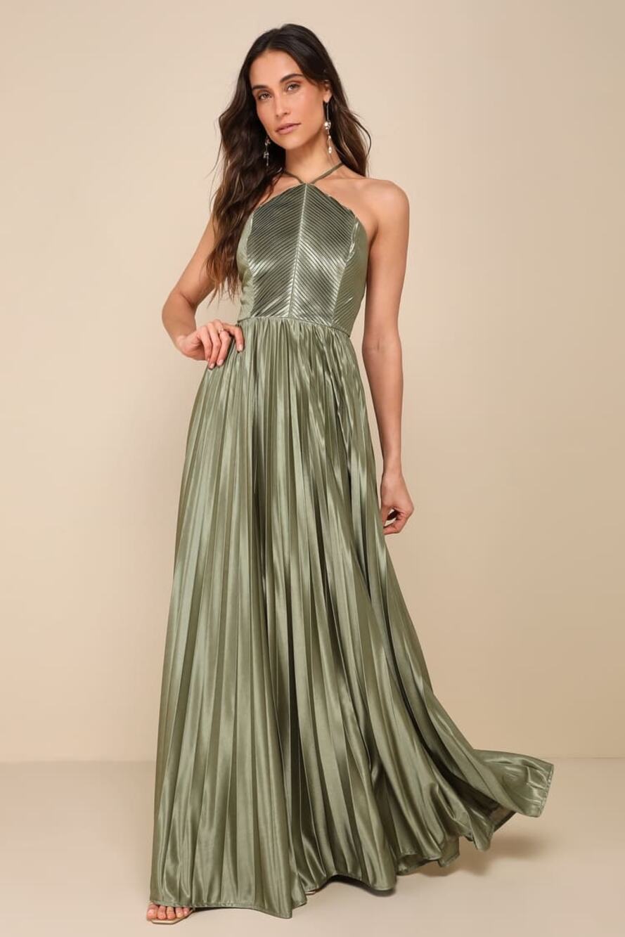NWT Lulus Elaborate Charm Olive Green Satin Pleated Backless Maxi Dress Party S